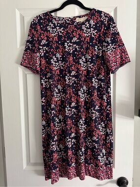 Michael Kors Navy Floral Midi Shift Dress with Pink and White Blossoms
